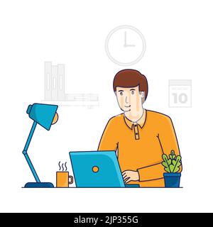 Un uomo seduto alla scrivania in ufficio che lavora sul suo computer portatile Illustrazione Vettoriale