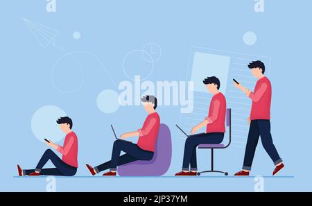 Un ragazzo con uno smartphone e un computer portatile in diverse posizioni. Illustrazione Vettoriale