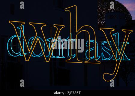 Un primo piano della citazione 'non chiedere perché' nelle luci al neon Foto Stock