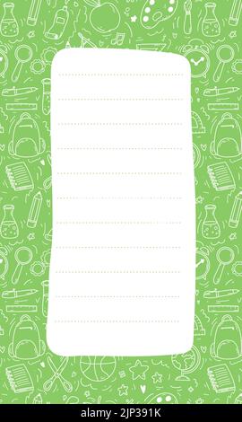 Modello di elenco delle note per il contenuto di planner, To Do List, bullet journal. Pagina bianca su sfondo verde con elementi scolastici in stile doodle Illustrazione Vettoriale