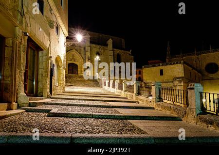 Vecchia strada della città medievale di Burgos, illuminata di notte e accanto alla cattedrale. Foto Stock