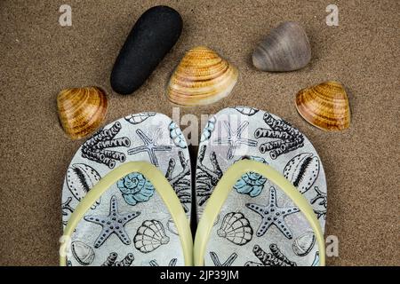 Vecchi sandali con flip flop con pietre e conchiglie sdraiate su una spiaggia costiera Foto Stock