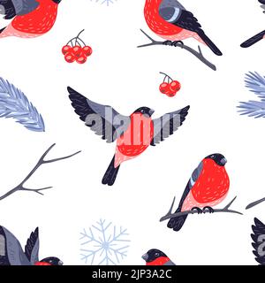 Inverno senza cuciture modello con uccelli torce e piante. Buon Natale e Felice Capodanno. Illustrazione Vettoriale