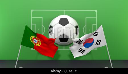 Partita di calcio tra Corea del Sud e Portogallo Coppa del mondo FIFA Qatar 2022, su sfondo sfocato con campo da calcio, 3D lavoro e 3D immagine Foto Stock