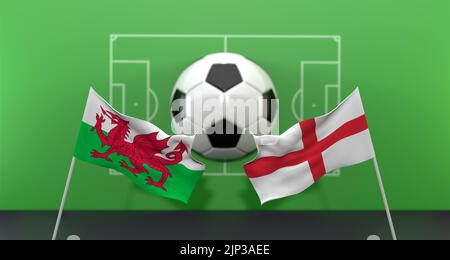 Partita di calcio Galles vs Inghilterra Coppa del mondo FIFA Qatar 2022, su sfondo sfocato con campo da calcio, 3D lavoro e 3D immagine Foto Stock