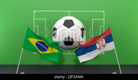 Partita di calcio Brasile vs Serbia Coppa del mondo FIFA Qatar 2022, su sfondo sfocato con campo di calcio, 3D lavoro e 3D immagine Foto Stock