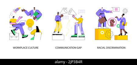 Set di illustrazioni vettoriali per concetti astratti della cultura aziendale. Cultura del luogo di lavoro, divario di comunicazione, discriminazione razziale, team aziendale, linguaggio del corpo, metafora astratta di bullismo e molestie. Illustrazione Vettoriale