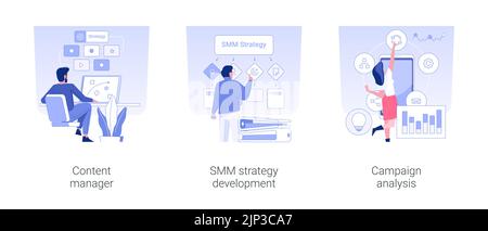 Social media marketing concetto isolato vettore illustrazione set. Content manager, sviluppo strategia SMM, analisi campagna, strategia di marketing digitale, cartoon vettoriale per la pubblicità su internet. Illustrazione Vettoriale