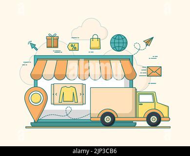 Il concetto di consegna di shopping online con icone relative allo shopping e una vettura di consegna Illustrazione Vettoriale