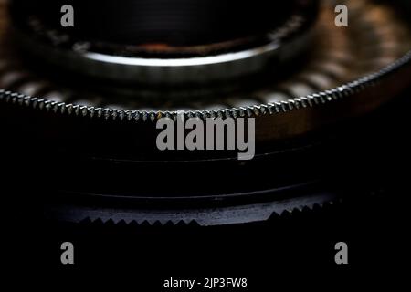 Macro di dettagli della fotocamera fotografica retrò. Messa a fuoco selettiva. Profondità di campo bassa. Foto Stock