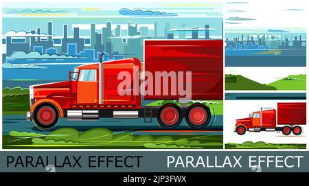 Illustrazione del carrello per carichi di grandi dimensioni. Immagine da livelli per sovrapposizione con effetto parallasse. Guida lungo la strada oltre la città. Stile piatto. Trasporto di pesante Illustrazione Vettoriale