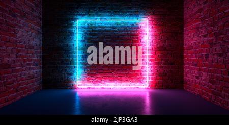 Futuristico Sci Fi elegante moderno neon incandescente Rectangle in scuro vuoto grunge stanza in mattoni di cemento. Rendering 3D Foto Stock