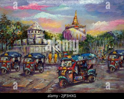 Arte pittura ad olio fine arte Thailand Tuk Tuk Car, Wat Saket e il Monte d'Oro Foto Stock