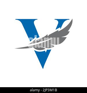 Modello vettoriale con logo in piuma lettera V. Simbolo Bird Feather logo legge Illustrazione Vettoriale