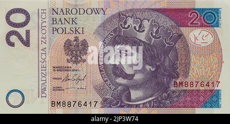 20 banconota zloty lucidata per il design Foto Stock