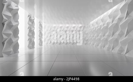 Spazio vuoto con pareti astratte poligonali bianche e colonne 3D render Foto Stock
