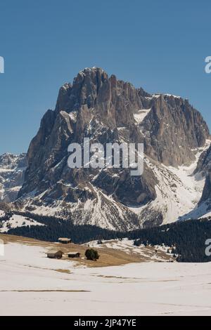 Vista panoramica dell'idilliaco paesaggio montano delle Dolomiti con i tradizionali rifugi in legno dell'Alpe di Siusi nella bella mattinata d'inverno Foto Stock