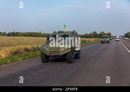 Donetsk Reg., Ucraina. 11th ago, 2022. Una colonna di auto blindate vista sulla strada quando si sposta nella regione delle ostilità. Un lotto di 11 nuovi veicoli blindati CON SCUDO MLS di produzione italiana acquistati dal fondo Poroshenko è stato consegnato alle forze d'assalto dell'Ucraina. Credit: SOPA Images Limited/Alamy Live News Foto Stock