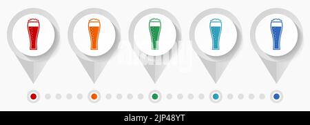 Birra in vetro, lager, icone vettoriali del concetto di bevanda, modello infografico facile da modificare, set di puntatori colorati dal design piatto per il webdesign e l'app mobile Illustrazione Vettoriale