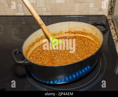 Cucchiaio in pentola di cottura di ragù fatto in casa o ragù in pentola di ghisa su piano di cottura a induzione o stufa Foto Stock