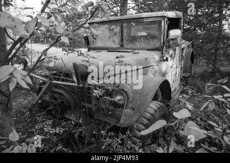 Una foto d'arte in bianco e nero di un vecchio camion arrugginito abbandonato nei boschi canadesi, probabilmente annata degli anni '40 e utilizzata durante la costruzione dell'Alaska Hwy Foto Stock