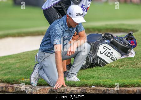 14 agosto 2022: Will Zalatoris ispeziona la sua palla sulla terza buca di playoff durante l'ultimo round del torneo di golf FedEx St. Jude Championship al TPC Southwind di Memphis, TN. Terreno grigio Siegel/Cal Sport Foto Stock