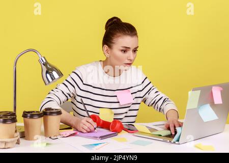 Ha concentrato il lavoro di una seria dipendente che lavora sul laptop e ha scritto informazioni nel blocco note, guardando il display del notebook. Studio interno girato isolato su sfondo giallo. Foto Stock