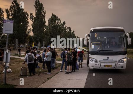 2022-08-15 20:52:54:19 ter APEL - i richiedenti asilo aspettano un autobus per un rifugio di emergenza al rifugio di fortuna al di fuori del cancello del centro dei richiedenti asilo COA quando si sta sviluppando una tempesta di tuoni. L'Agenzia centrale per l'accoglienza dei richiedenti asilo (COA) prevede che circa 150 persone dovranno dormire all'esterno presso il centro di applicazione di Ter Apel a causa della folla. ANP VINCENT JANNINK olanda fuori - belgio fuori Foto Stock