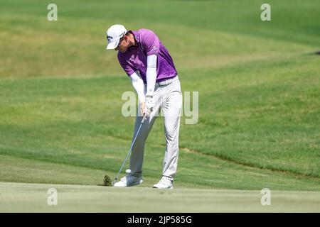 13 agosto 2022: Dylan Frittelli ha colpito un colpo di ferro durante il terzo round del torneo di golf FedEx St. Jude Championship al TPC Southwind di Memphis, TN. Terreno grigio Siegel/Cal Sport Foto Stock