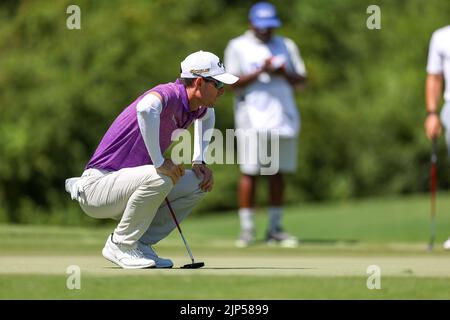 13 agosto 2022: Dylan Frittelli durante il terzo round del torneo di golf FedEx St. Jude Championship al TPC Southwind di Memphis, TN. Terreno grigio Siegel/Cal Sport Foto Stock