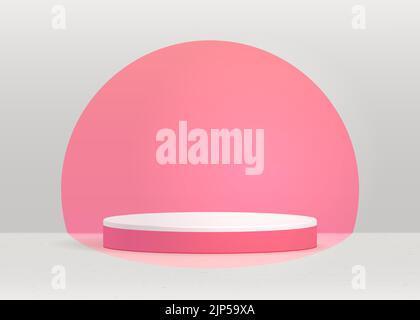 Podio rotondo, piedistallo o plateau di fondo per la presentazione dei prodotti cosmetici. Lo sfondo dello stand vuoto del prodotto è di colore rosa pastello. Simulazione realistica dei vettori 3D Illustrazione Vettoriale