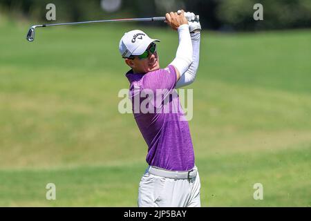 13 agosto 2022: Dylan Frittelli ha colpito un colpo di ferro durante il terzo round del torneo di golf FedEx St. Jude Championship al TPC Southwind di Memphis, TN. Terreno grigio Siegel/Cal Sport Foto Stock