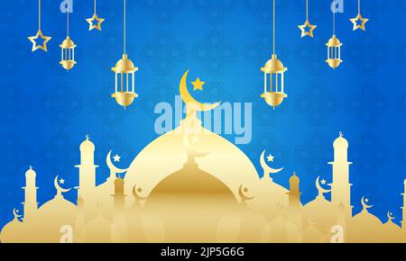 Un vettore blu e oro per il Ramadan con una moschea - disegno di sfondo Illustrazione Vettoriale