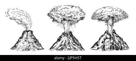 Attività vulcano di montagna con magma e fumo. Disastro naturale, eruzione del vulcano con lava. Schizzo del vettore vintage Illustrazione Vettoriale