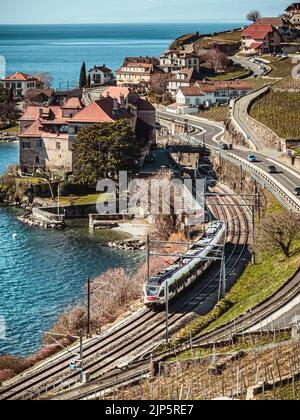 Uno scatto verticale dai vigneti di Lavaux agli edifici costieri e alla ferrovia vicino al Lago di Ginevra Foto Stock