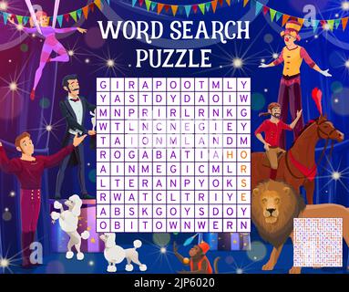 Cartoon shapito circo acrobati e animali, ricerca parola puzzle gioco, vettore foglio di lavoro. Giochi di griglia quiz o istruzione indovinello per cercare parola di circo clown, mago illusionist e ginnastica acrobat Illustrazione Vettoriale