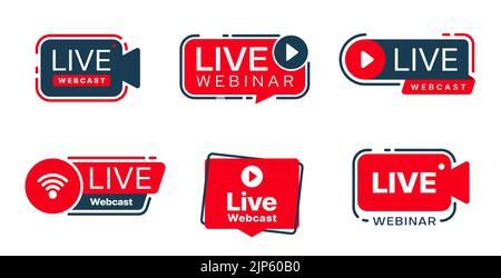 Webinar dal vivo, icone del webcast. Corso di formazione, web-broadcast, streaming di video formativi online o webcast di conferenze aziendali, tutorial webinar su cartelli vettoriali o icone con videocamera, simboli dei pulsanti di riproduzione Illustrazione Vettoriale