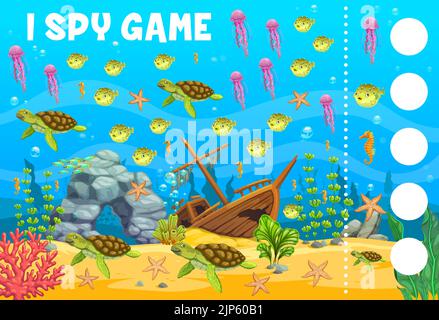 Paesaggio subacqueo con animali marini, i SPY gioco foglio di lavoro. Quiz puzzle vettoriale, enigma di pesci subacquei cartoni animati, meduse e tartarughe marine, stelle marine e cavallucci marini sul fondo dell'oceano Illustrazione Vettoriale