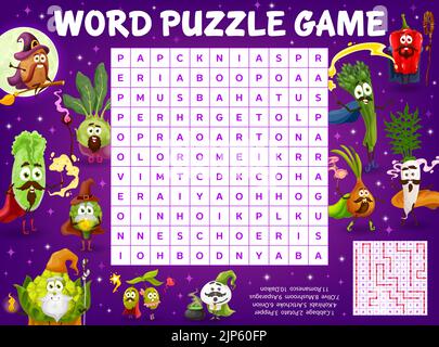 Fumetti ortaggio maghi e stregoni personaggi con bacchette magiche sulla ricerca parola puzzle gioco foglio di lavoro. Giochi di bambini quiz griglia, indovinello logico, vettore bambino puzzle educativo gioco con parole trovare compito Illustrazione Vettoriale