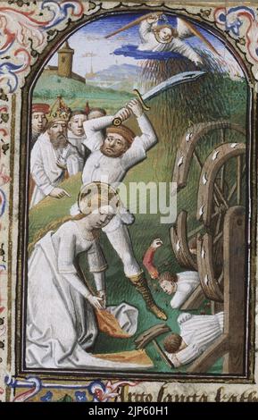 Il martirio di Santa Caterina d'Alessandria - è decapitata - Libro d'ore Simone de Varie - KB 74 G37a - 014r min Foto Stock