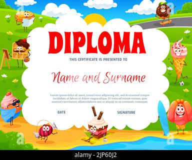 Diploma di ragazzi. Cartoni animati dessert, dolci, torta cookie personaggi prato. Certificato di conseguimento di istruzione, premio del vincitore o diploma di vettore di istruzione scolastica con gelatina, gelato, personaggi divertenti della torta Illustrazione Vettoriale