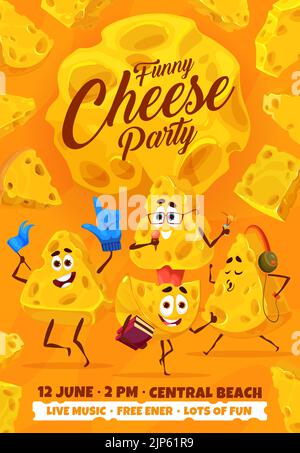 Volantino per la festa del formaggio, cartoni animati maasdam e personaggi del formaggio gouda. Poster di invito vettoriale con simpatici personaggi con libri, microfono, cuffia e guanto per ventilatore. Festa di musica dal vivo Illustrazione Vettoriale