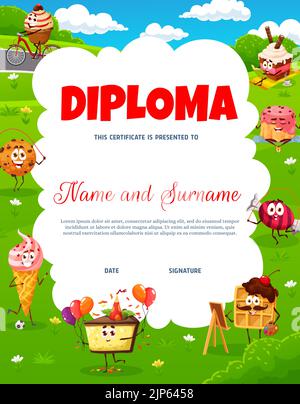 Diploma di ragazzi. Cartoni animati dessert, dolci, biscotti dolci personaggi torta sul prato. Invito alla celebrazione dei bambini, certificato vettoriale vincitore del concorso, diploma di laurea con personaggi divertenti della pasticceria Illustrazione Vettoriale