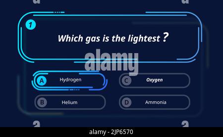 Domande del quiz e scelta del menu del test. Modello vettoriale al neon di programmi TV o layout di giochi di curiosità. Quiz sulla sfida intellettuale, schermo con opzioni di domanda e risposta in cornici blu incandescenti Illustrazione Vettoriale