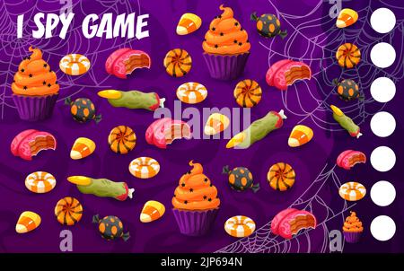 Halloween i foglio di lavoro gioco spia di dolci di vacanza, caramelle e ciottoli. Puzzle vettore indovinello o gioco di conteggio con trick orrore o trattare cibo, torta di zucca, mais caramella, cookie strega dito e toffee Illustrazione Vettoriale