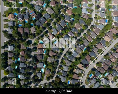 Una vista aerea diretta sopra un vasto quartiere residenziale, visto in una giornata di sole in estate. Foto Stock