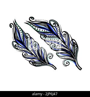 Due bellissime piume esotiche colorate isolate su sfondo bianco. Illustrazione Vettoriale