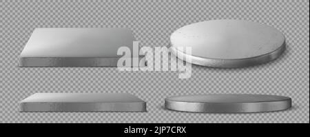 Set realistico di pannelli quadrati e rotondi in argento lucido isolati sullo sfondo. Piattaforme rivestite in lamina di alluminio con superficie vuota e scintillante in vista prospettica. Bottoni Metalici di forme diverse Illustrazione Vettoriale