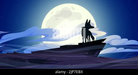 Il lupo si trova di notte sulla scogliera rocciosa con la luna piena nel cielo stellato scuro. Silhouette di animali selvatici in piedi sulla cima di montagna ulula o alla ricerca preda. Mannaro, cane o coyote personaggio cartone animato, illustrazione vettoriale Illustrazione Vettoriale