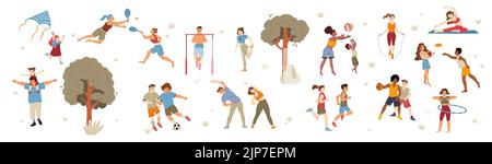 Persone che si godono attività all'aperto, set di caratteri piatti isolato su bianco. Genitori, bambini che giocano nel parco, uomini, donne che si allenano, amici che fanno sport insieme. Illustrazione del vettore di stile di vita sano Illustrazione Vettoriale